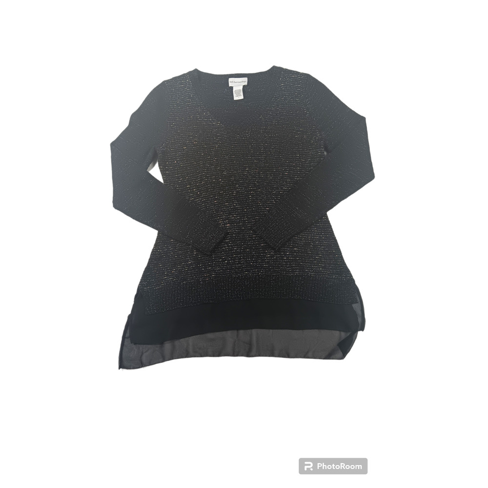 Soft Surroundings Sz S Sweater Pullover Black Silver Shimmer Chiffon Hem V neck